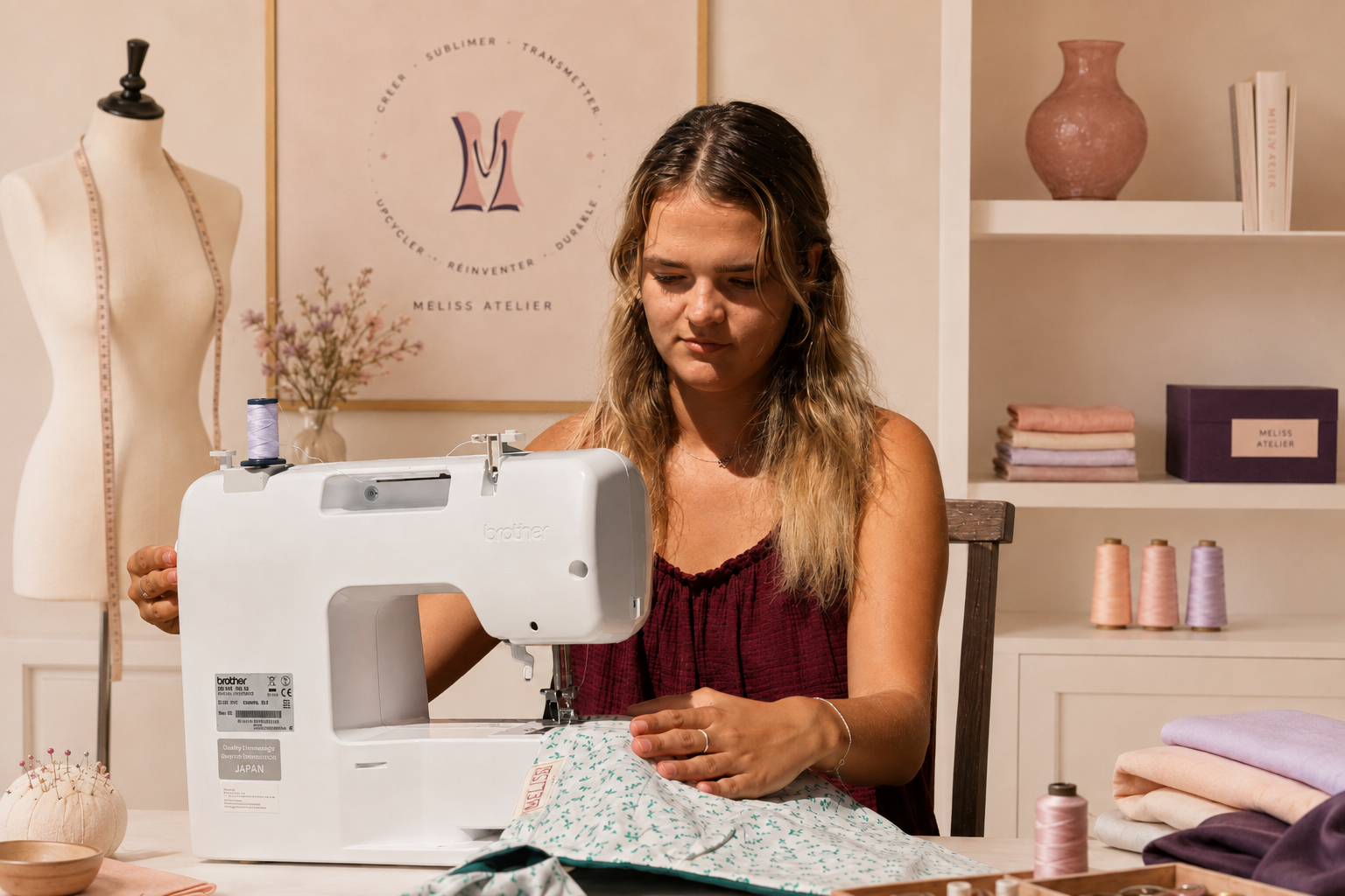 Mélissa en train de coudre une création dans son atelier