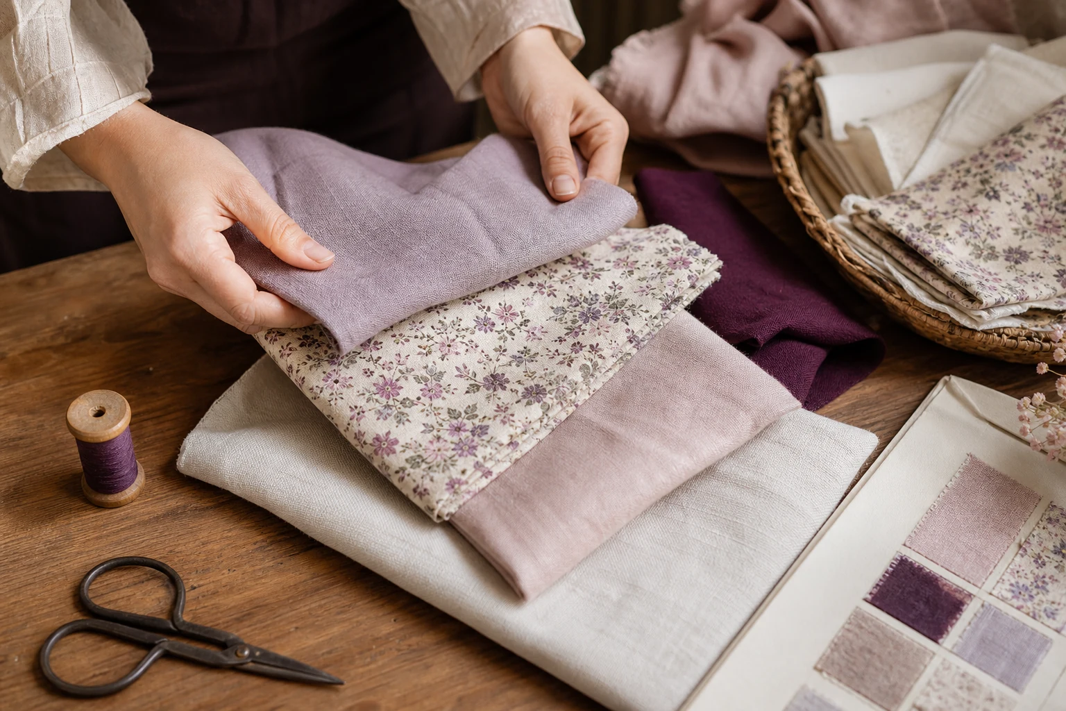 Je choisis des étoffes dans des nuances de rose, de lilas et de prune