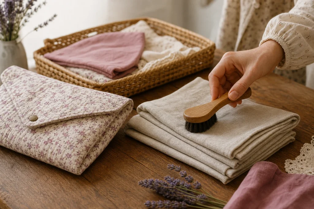 Entretenir une création artisanale avec une brosse douce sur un tissu fleuri