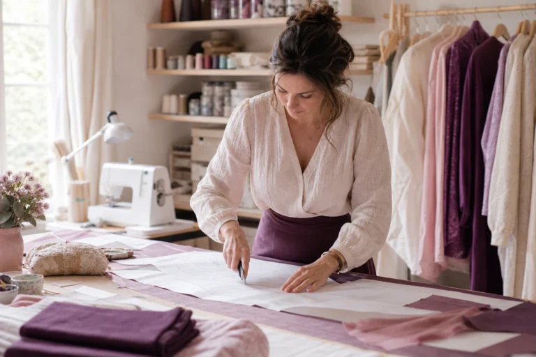Je coupe un patron sur la grande table de mon atelier de couture