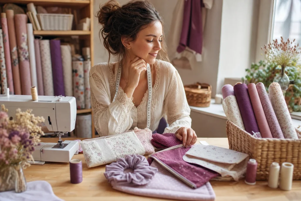 Pourquoi j’ai créé Meliss Atelier : Mélissa coud des accessoires artisanaux entourée de tissus