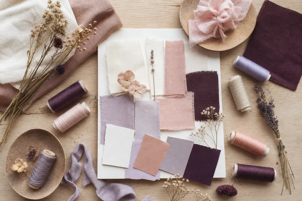 Créer une palette de couleurs avec des tissus crème, rose, lilas et prune dans mon atelier