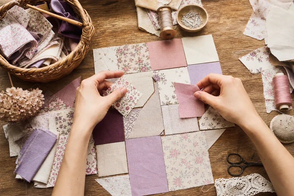 Upcycling des chutes de tissus : mains composant un patchwork fleuri et coloré