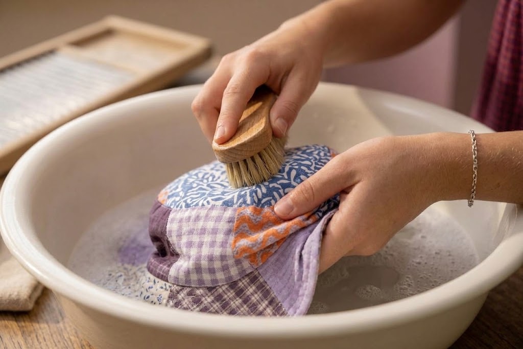 Prendre soin d’une création artisanale : je brosse délicatement un accessoire en tissu.