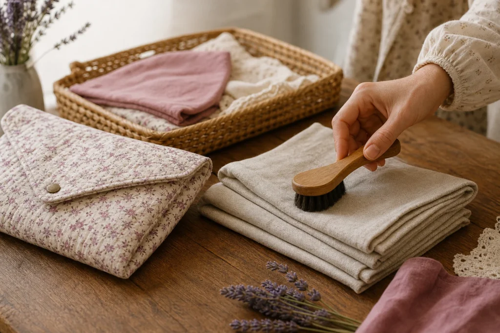 Blog couture et créations artisanales : je brosse délicatement une création en tissu.